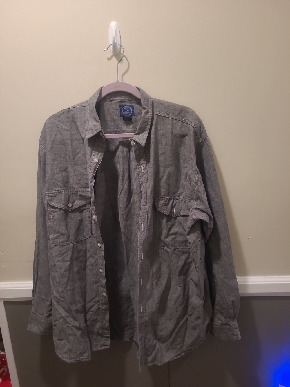 Vintage Gap Mens Large Double Pocket Gray Button Down Shirt Business Casual Cott